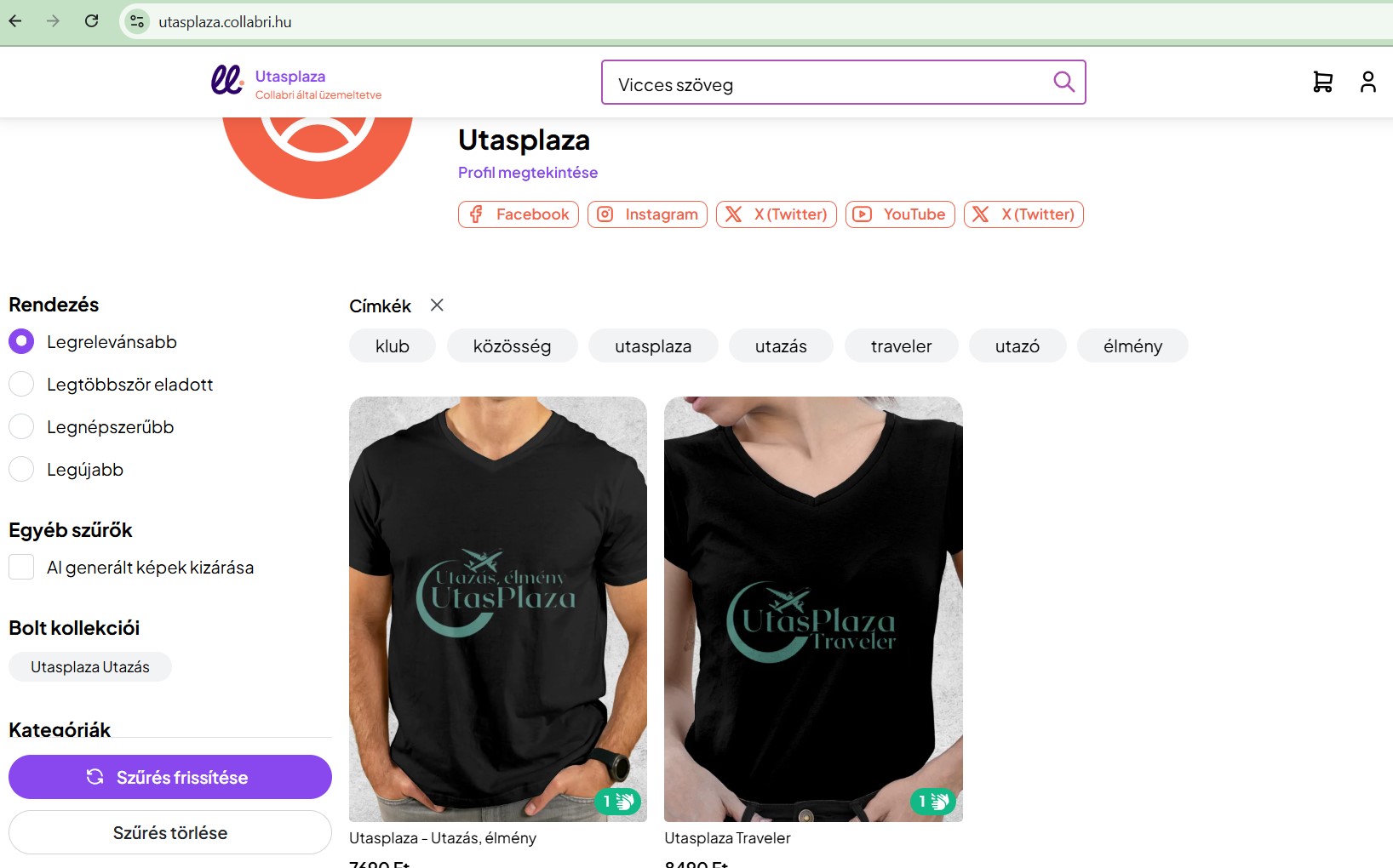 Utasplaza - Collabri oldala: feliratos pólók, párnák, bögrék, baseball sapkák